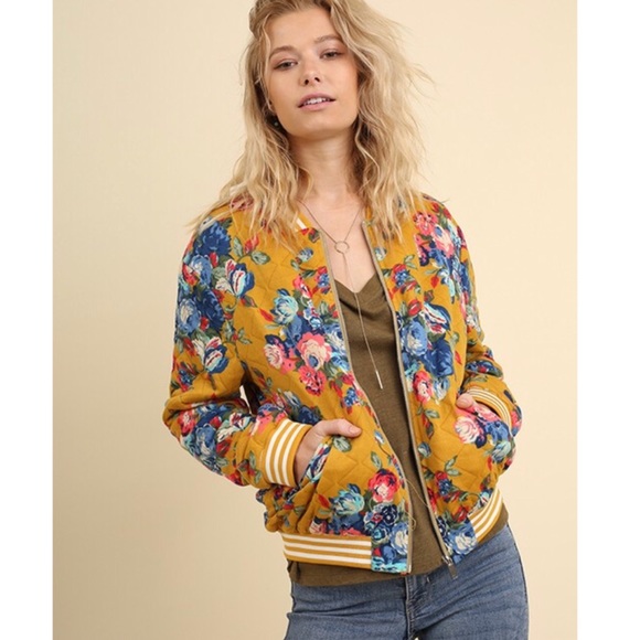 JV Boutique Jackets & Blazers - Last One! Mustard Floral Bomber Jacket